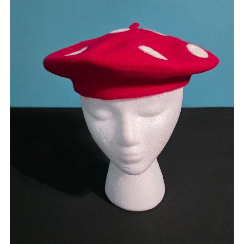 Faiccia Red Wool Mushroom Beret White Polka Dot Toadstool Cottagecore Hat NWT